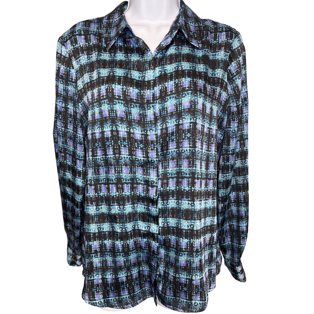 Liz Claiborne Womens Blue Purple Plaid Button Down Blouse Sz M Career Wear Y2K